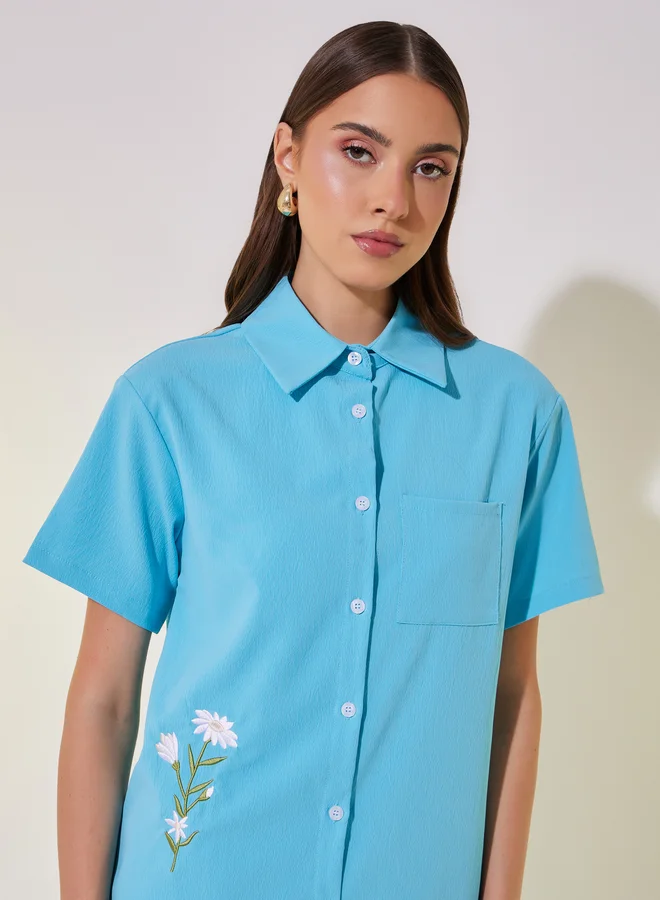تايك تو Embroidered Detail Short Sleeve Shirt and Pants Co-Ords