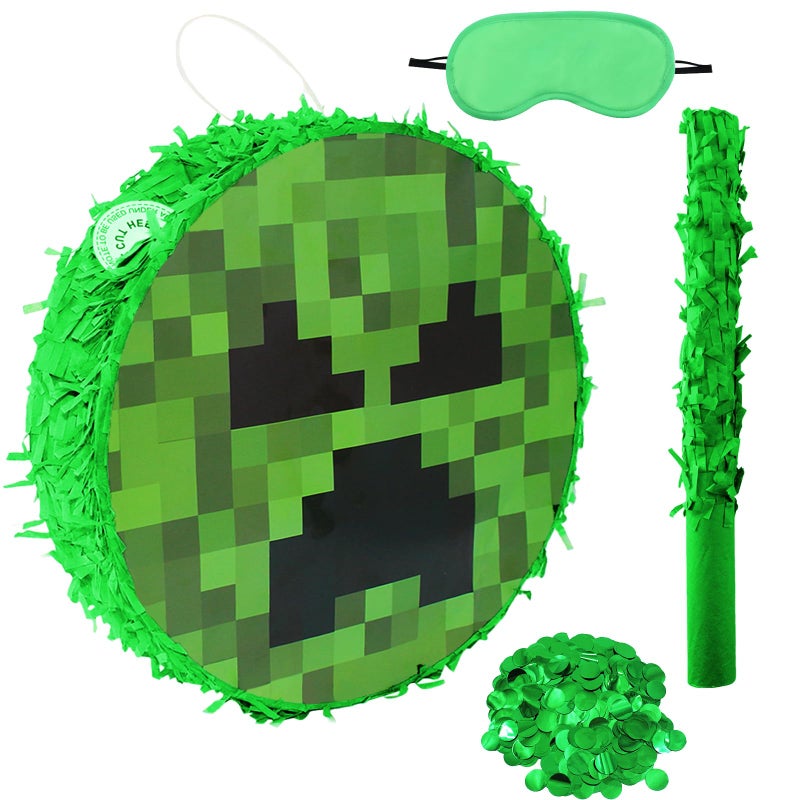 Timisea Mini Round Green Pixel Pinata with Stick BlindfoldBirthday Pixel PinataSolid Color Circle Party Decoration for Pixel Party Birthday Party Halloween Decorations - Image 3