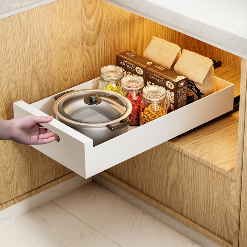 HBL 1 Pack  21 Deep Pull Out Cabinet Organizer Adhesive 10Inch Wide Sturdy Carbon Steel RollOut Drawers for Face Frame or Frameless CabinetsSlideOut Shelves for Pantry