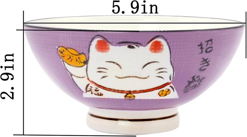 Fengshuibringluck 2PCS Cereal Bowls Soup Bowl Set 59 Ramen Bowls Large Soup Bowls Salad Bowls for Kitchen Luck Cat Maneki Neko Purple - Image 2