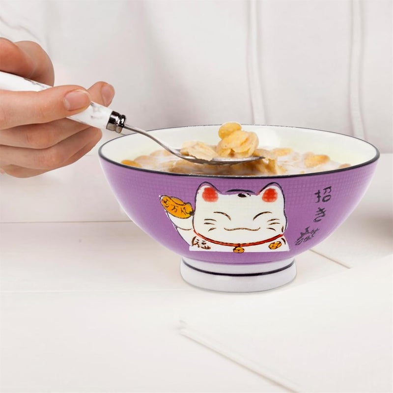 Fengshuibringluck 2PCS Cereal Bowls Soup Bowl Set 59 Ramen Bowls Large Soup Bowls Salad Bowls for Kitchen Luck Cat Maneki Neko Purple - Image 3