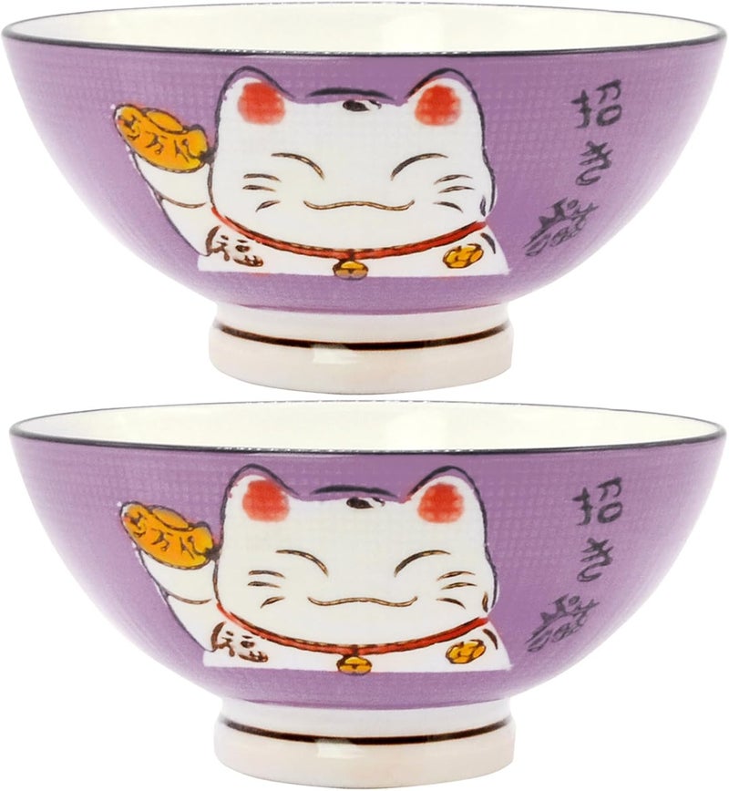 Fengshuibringluck 2PCS Cereal Bowls Soup Bowl Set 59 Ramen Bowls Large Soup Bowls Salad Bowls for Kitchen Luck Cat Maneki Neko Purple - Image 1