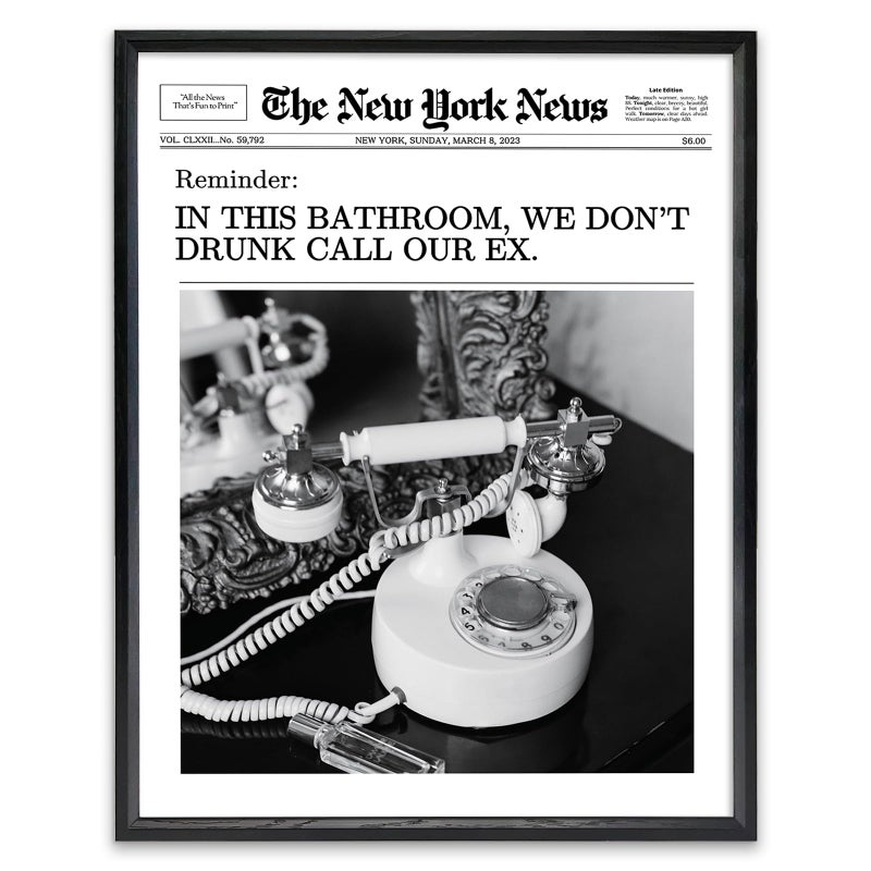 KBKBART Trendy Newspaper Magazine Framed Wall Art, 12x16 In This Bathroom, We Don't Drunk Call Our Ex Canvas Wall Art, Black and White Newspaper Posters For Bedroom Living Room - Image 1