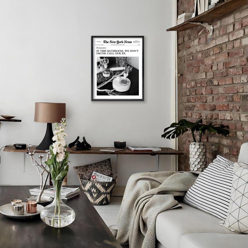 KBKBART Trendy Newspaper Magazine Framed Wall Art, 12x16 In This Bathroom, We Don't Drunk Call Our Ex Canvas Wall Art, Black and White Newspaper Posters For Bedroom Living Room - Image 2