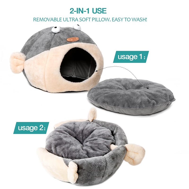 Lcybem Cat Beds for Indoor Cats - Cat Bed Cave with Removable Washable Cushioned Pillow, Soft Plush Premium Cotton No Deformation Pet Bed, Lively Pufferfish Cat House Design, Grey, Multiple Sizes(L) - Image 4