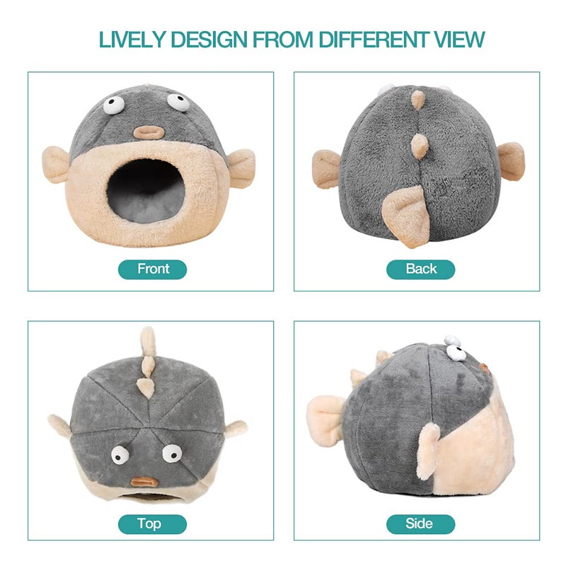 Lcybem Cat Beds for Indoor Cats - Cat Bed Cave with Removable Washable Cushioned Pillow, Soft Plush Premium Cotton No Deformation Pet Bed, Lively Pufferfish Cat House Design, Grey, Multiple Sizes(L) - Image 5