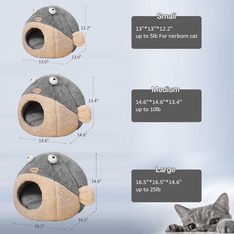 Lcybem Cat Beds for Indoor Cats - Cat Bed Cave with Removable Washable Cushioned Pillow, Soft Plush Premium Cotton No Deformation Pet Bed, Lively Pufferfish Cat House Design, Grey, Multiple Sizes(L) - Image 2
