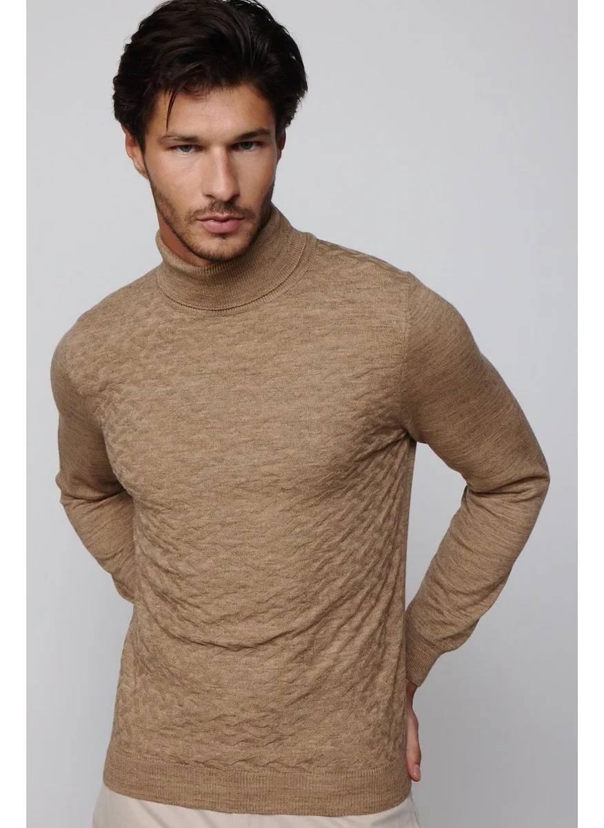 Tudors Full Turtleneck Front Patterned Cream Men's Knitwear Sweater