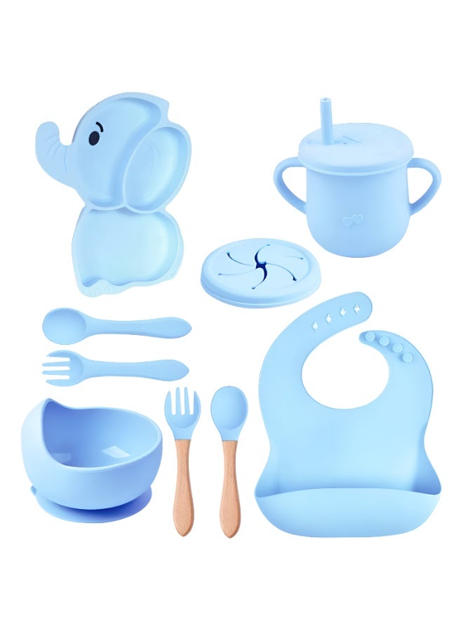 مجموعة أدوات طعام وأكل الأطفال المصنوعة من السيليكون الآمن (9 قطع) - تصميم الفيل الجذاب - مثالية للفطام والتغذية الذاتية