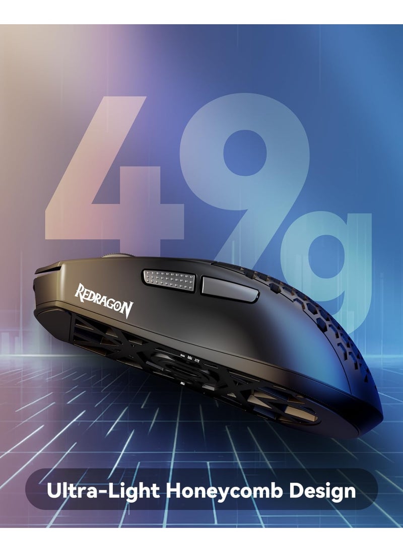 ماوس ألعاب لاسلكي M725 Honeycomb Shell، خفيف الوزن للغاية 49 جرام، 8000 نقطة في البوصة، ماوس ألعاب سلكي ثلاثي الوضع BT5.1/2.4 جيجاهرتز/Type-C مع زرين جانبيين، قابل للبرمجة الكبيرة لأجهزة الكمبيوتر الشخصية/Mac/الكمبيوتر المحمول، أسود