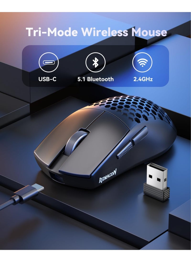 ماوس ألعاب لاسلكي M725 Honeycomb Shell، خفيف الوزن للغاية 49 جرام، 8000 نقطة في البوصة، ماوس ألعاب سلكي ثلاثي الوضع BT5.1/2.4 جيجاهرتز/Type-C مع زرين جانبيين، قابل للبرمجة الكبيرة لأجهزة الكمبيوتر الشخصية/Mac/الكمبيوتر المحمول، أسود