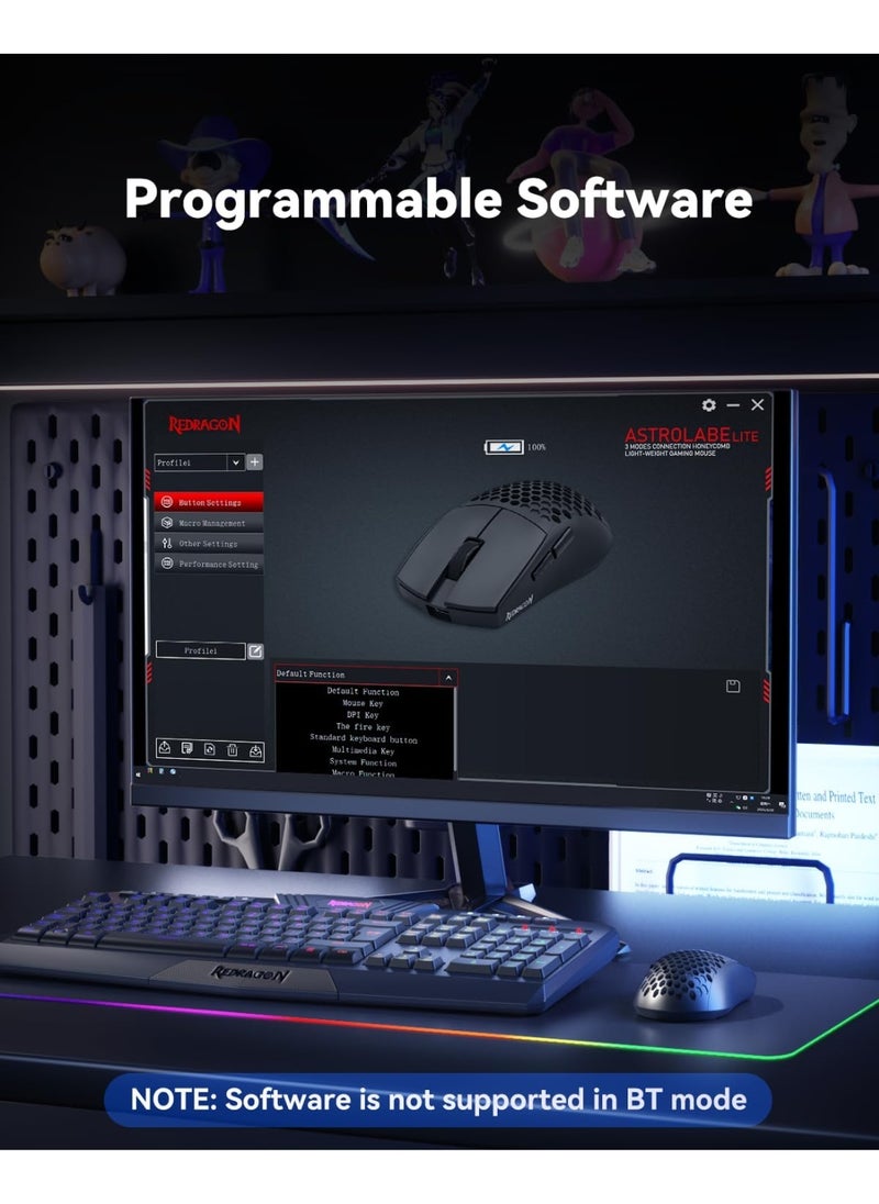 ريدراجون ماوس ألعاب لاسلكي M725 Honeycomb Shell، خفيف الوزن للغاية 49 جرام، 8000 نقطة في البوصة، ماوس ألعاب سلكي ثلاثي الوضع BT5.1/2.4 جيجاهرتز/Type-C مع زرين جانبيين، قابل للبرمجة الكبيرة لأجهزة الكمبيوتر الشخصية/Mac/الكمبيوتر المحمول، أسود  - Image 4