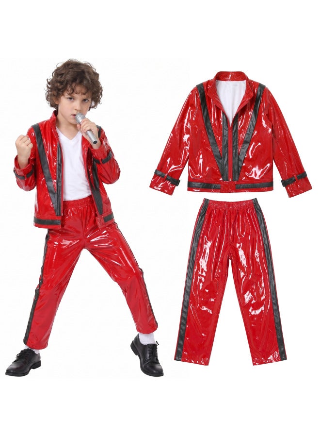 Children's Michael Jackson Performance Costume Red And Black Color-blocking Leather Suit For Kids Stage Performance Halloween