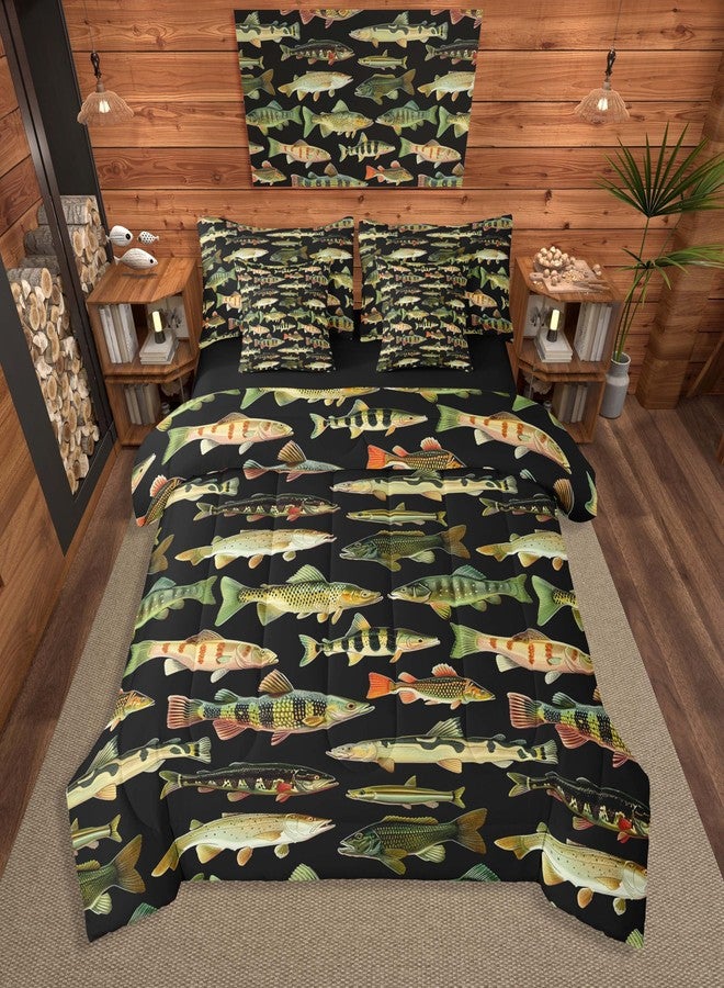 Feelyou Kids Fishing 7 Pieces Bedding Set Twin Size Vintage Pike Fish Comforter Set for Boys Girls Fishing and Hunting Bed Set Bed in a Bag with Comforter, Sheets, Pillowcases & Cushion Covers - Image 1