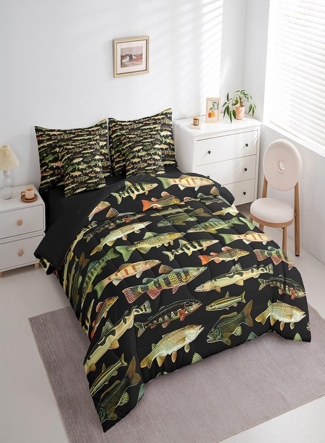 Feelyou Kids Fishing 7 Pieces Bedding Set Twin Size Vintage Pike Fish Comforter Set for Boys Girls Fishing and Hunting Bed Set Bed in a Bag with Comforter, Sheets, Pillowcases & Cushion Covers - Image 2