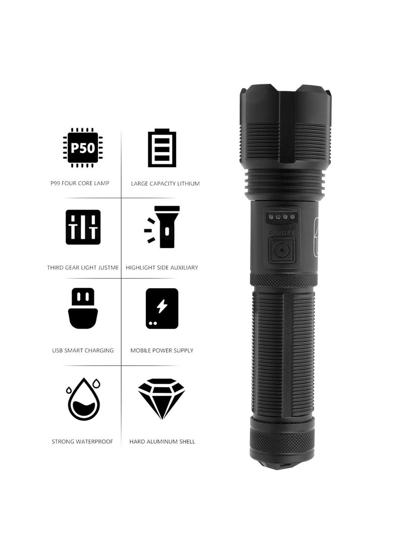 Crobat Crobat LED Torch USB Rechargeable Flashlight Adjustable Focus Searchlight with 1500mAh Battery Waterproof with 5 Lighting Modes for Camping Fishing  - Image 3