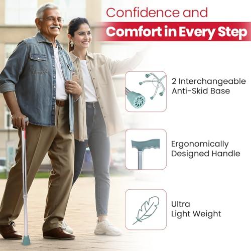 AGEasy Antara AGEasy 2-in-1 Walking Stick | Interchangeable Base - 4 Leg & Single Leg | Lightweight Walking Support with Adjustable Height | Walking Cane for Men/Women, Patients, Old People - Image 5