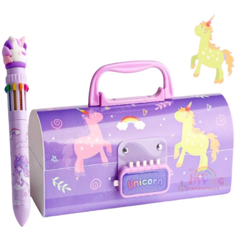 Invite Enterprise Invite Kids Pen & Pencil Box - Suitcase Style Password Lock Pencil Case | Multi-Layer Stationery Organizer for Boys & Girls | Return Gift Item for Kids (School Supplies) (Put - Purple Unicorn) - Image 1