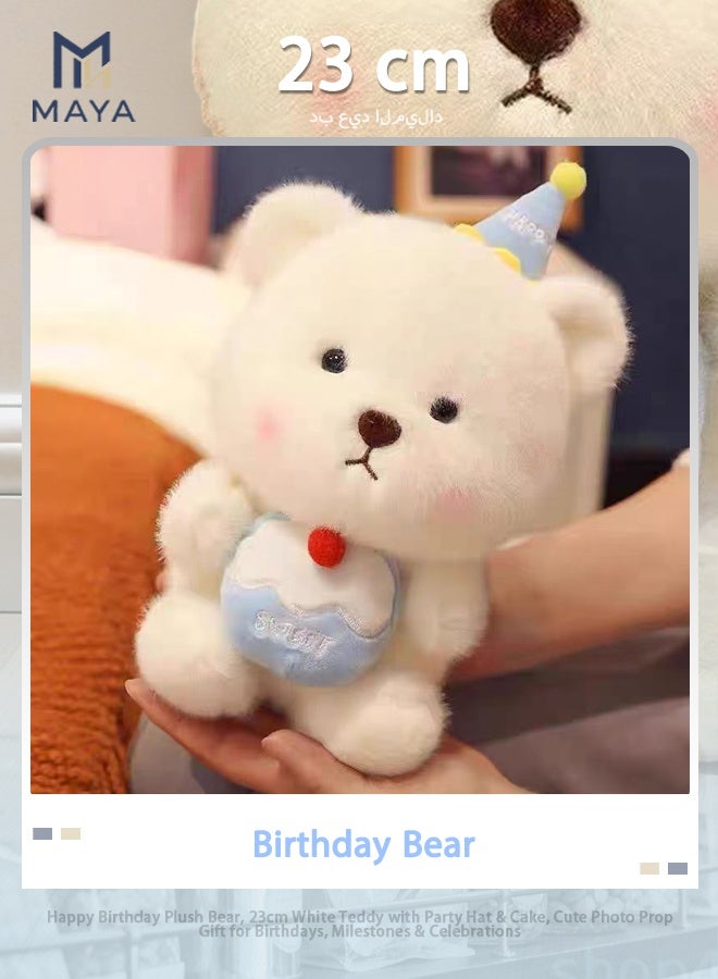 Maya Happy Birthday Plush Bear, 23cm White Teddy with Party Hat & Cake, Cute Photo Prop Gift for Birthdays, Milestones & Celebrations - Image 1