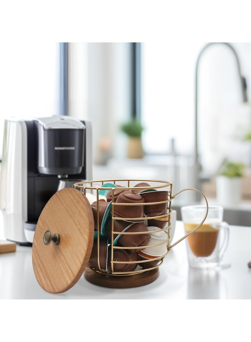 LKTOCAFT Coffee Pod Holder with Wooden Base and Lid, Metal Coffee Pod Basket Compatible with Nespresso Vertuo Pods and Capsules, Cup Holder and Coffee Pod Storage, Coffee Bar Decor - Image 3