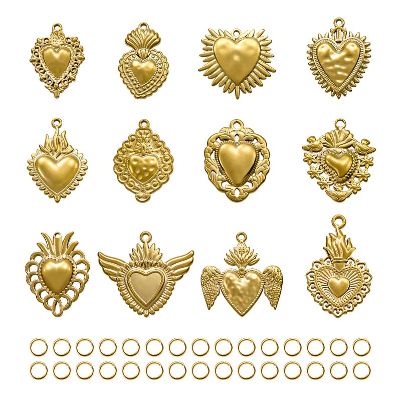 UMAOKANG 12PCS Gold Plated Charms for Jewelry Making Stainless Steel Heart Pendant Charm Kit for Necklace Bracelet DIY - Image 1