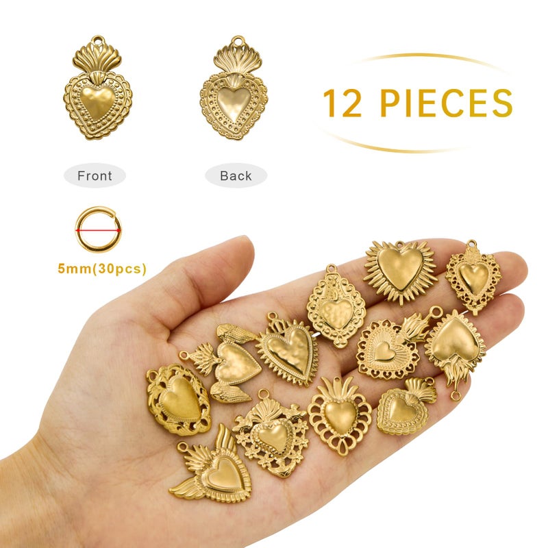 UMAOKANG 12PCS Gold Plated Charms for Jewelry Making Stainless Steel Heart Pendant Charm Kit for Necklace Bracelet DIY - Image 2