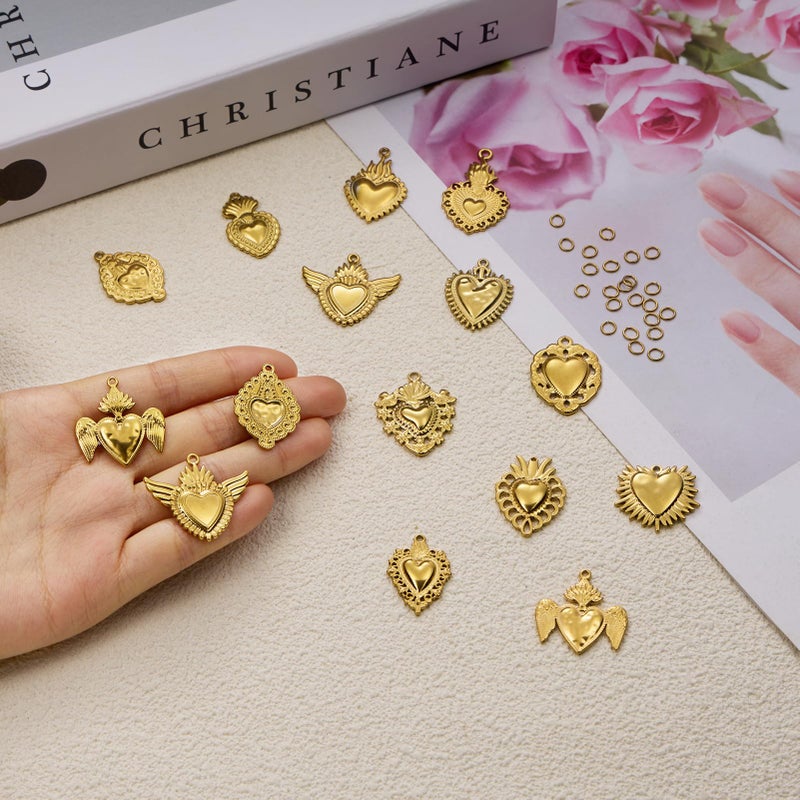 UMAOKANG 12PCS Gold Plated Charms for Jewelry Making Stainless Steel Heart Pendant Charm Kit for Necklace Bracelet DIY - Image 4