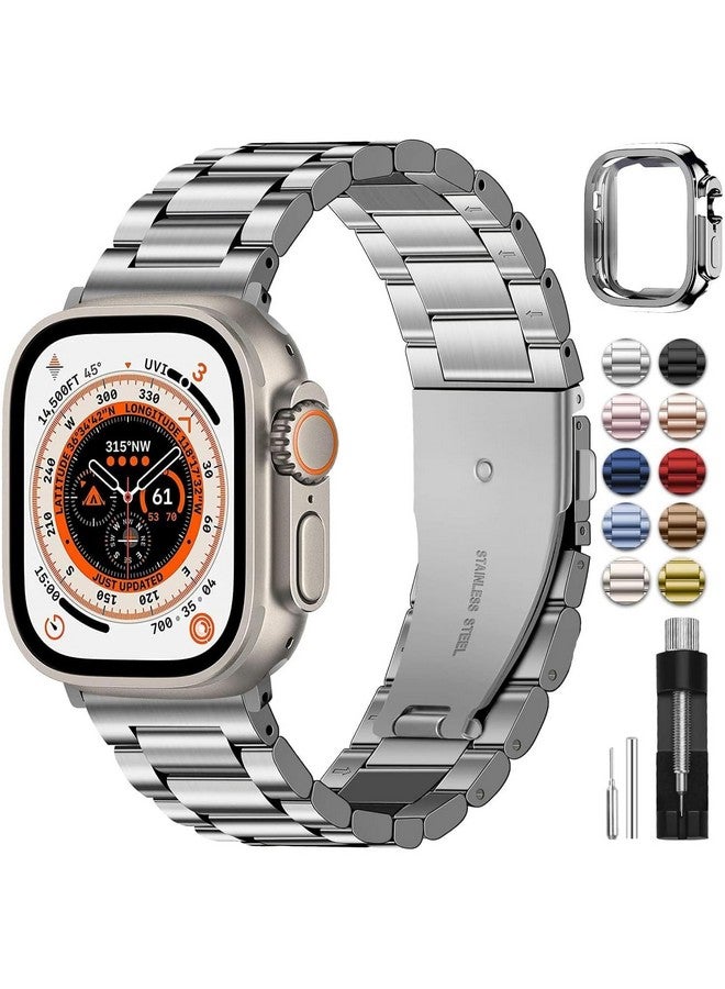 Fullmosa Fullmosa Compatible Apple Watch Band 49mm, Stainless Steel iWatch Strap with Case for Apple Watch Series 9/8/7/6/5/4/3/2/1/SE/SE2/Ultra, Silver(Watch not Included) - Image 1