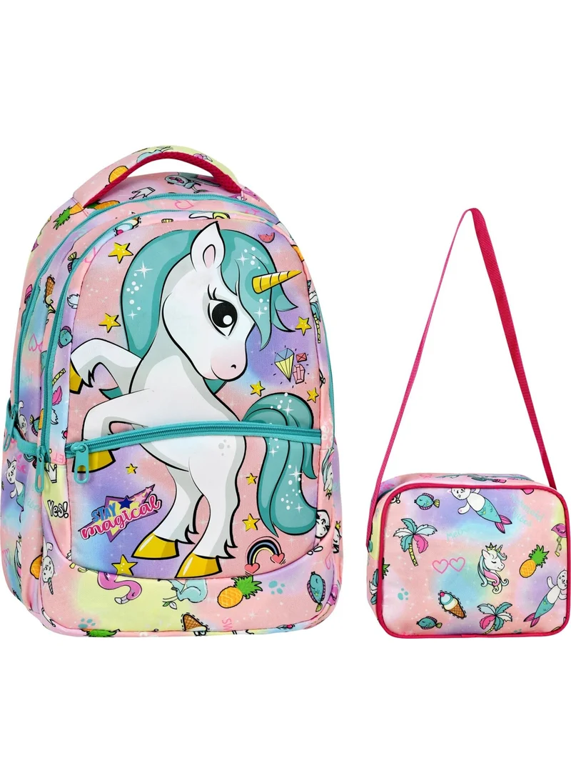 Çantaland Primary School Unicorn Patterned Girls Primary School Bag + Lunch Box