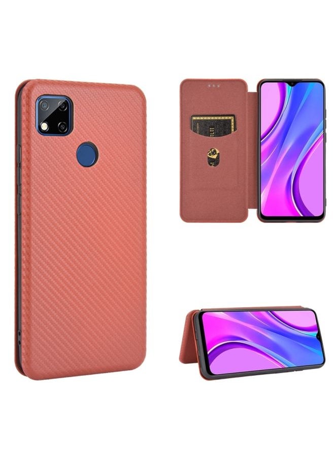 HuHa Case Cover For Xiaomi Redmi 9C Carbon Fiber Texture Horizontal Flip TPU + PC + PU Leather Case with Card Slot Brown 