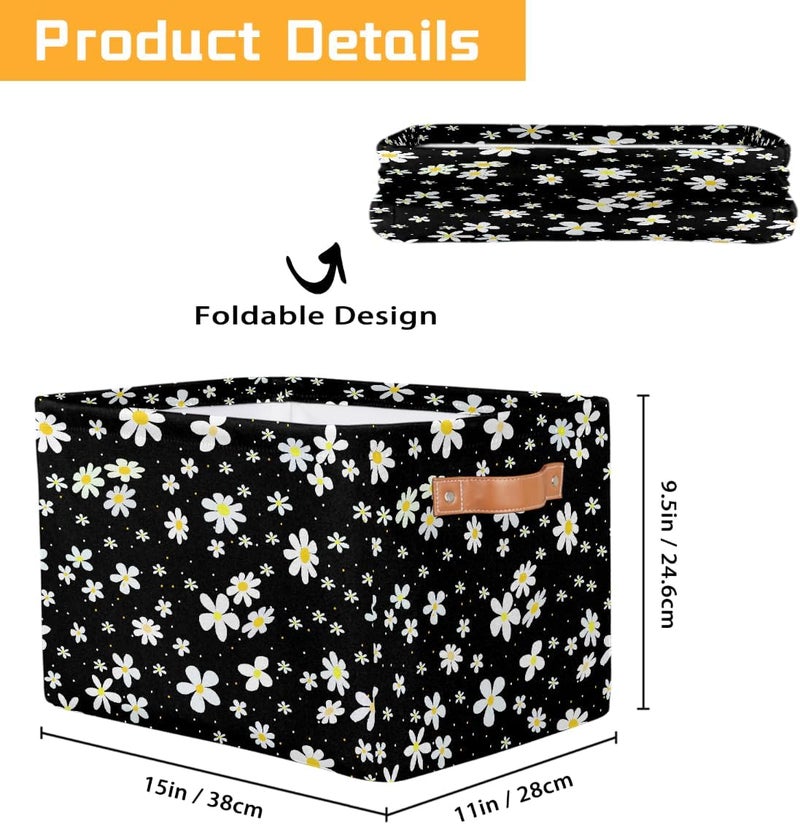 Small Storage Basket Foldable Flower Daisy Black Cube Organizer Bin with Handles Kids Toy Organizer Box Collapsible Fabric Hamper for Nursery Living Room Bedroom Decort Gifts - Image 2