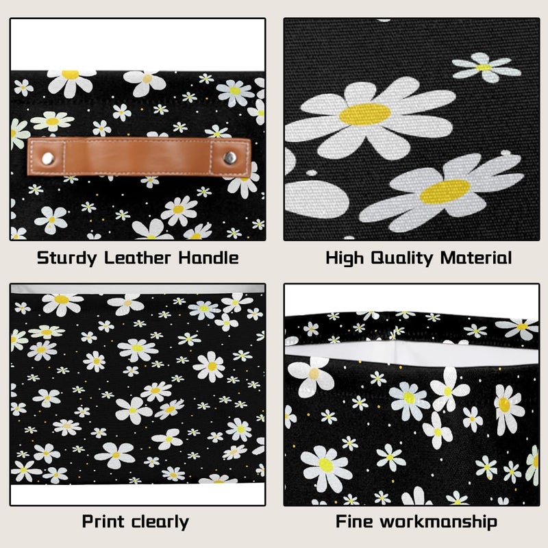 Small Storage Basket Foldable Flower Daisy Black Cube Organizer Bin with Handles Kids Toy Organizer Box Collapsible Fabric Hamper for Nursery Living Room Bedroom Decort Gifts - Image 3