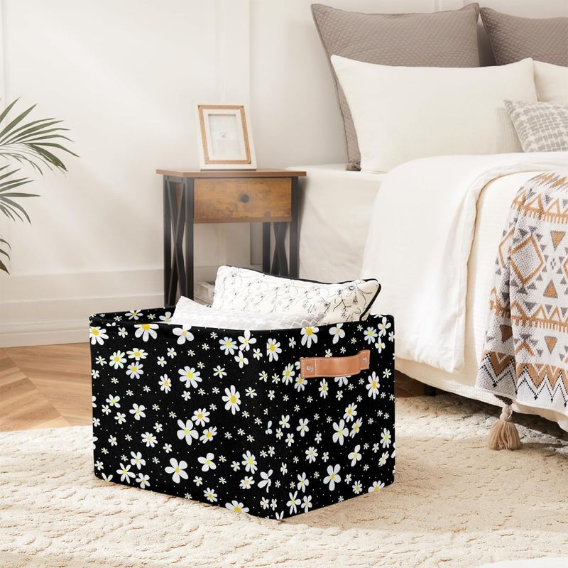 Small Storage Basket Foldable Flower Daisy Black Cube Organizer Bin with Handles Kids Toy Organizer Box Collapsible Fabric Hamper for Nursery Living Room Bedroom Decort Gifts - Image 4