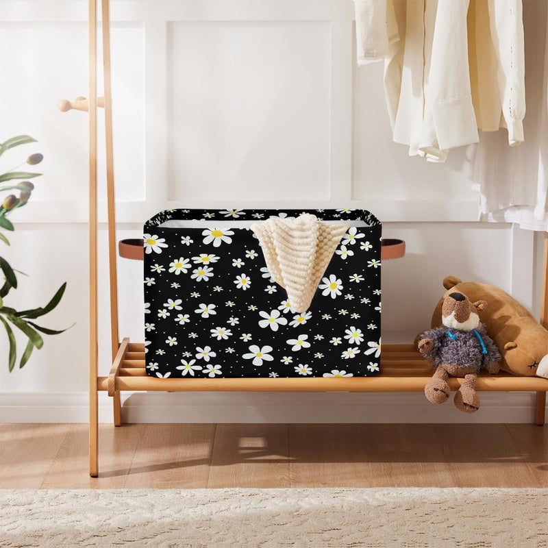 Small Storage Basket Foldable Flower Daisy Black Cube Organizer Bin with Handles Kids Toy Organizer Box Collapsible Fabric Hamper for Nursery Living Room Bedroom Decort Gifts - Image 5