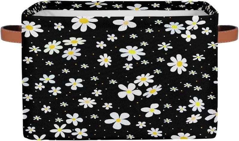 Small Storage Basket Foldable Flower Daisy Black Cube Organizer Bin with Handles Kids Toy Organizer Box Collapsible Fabric Hamper for Nursery Living Room Bedroom Decort Gifts - Image 1