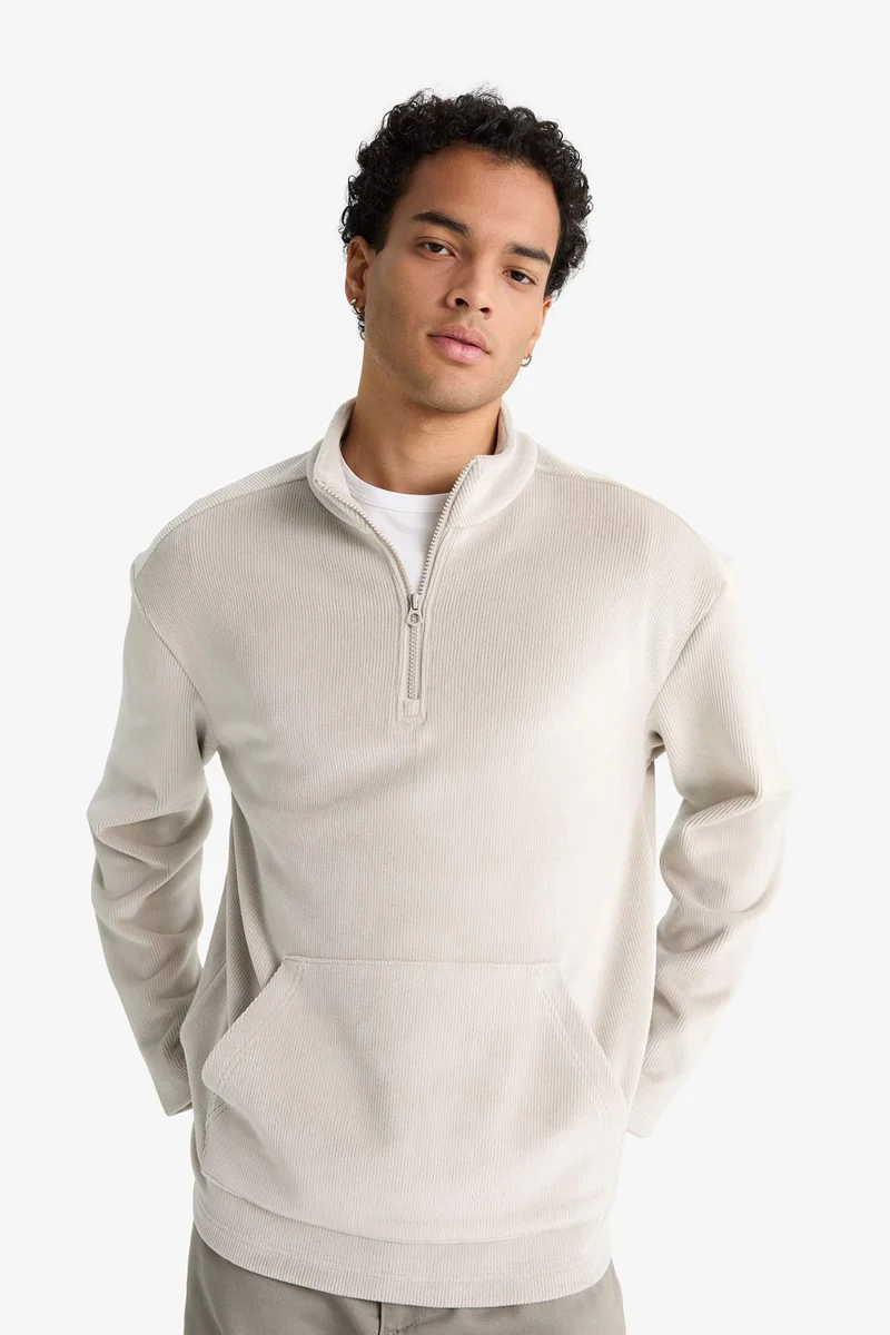 Defacto  Regular Fit Stand Collar Half Zippered Velvet Sweatshirt for Men | Best Price UAE