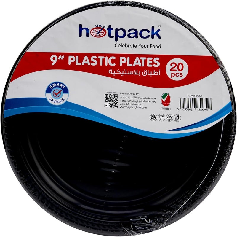 Hotpack Economy Plastic Plates Black 9 inch, 20 Pieces - Image 1