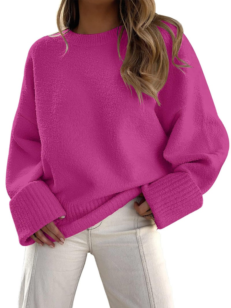LILLUSORY Oversized Sweater Womens 2026 Fall Fashion Outfits Pullover Long Tunic Old Money Winter Cozy Clothes Cute Crewneck Trendy Knit Chunky Warm Knitted Ladies Top Hot Pink - Image 1