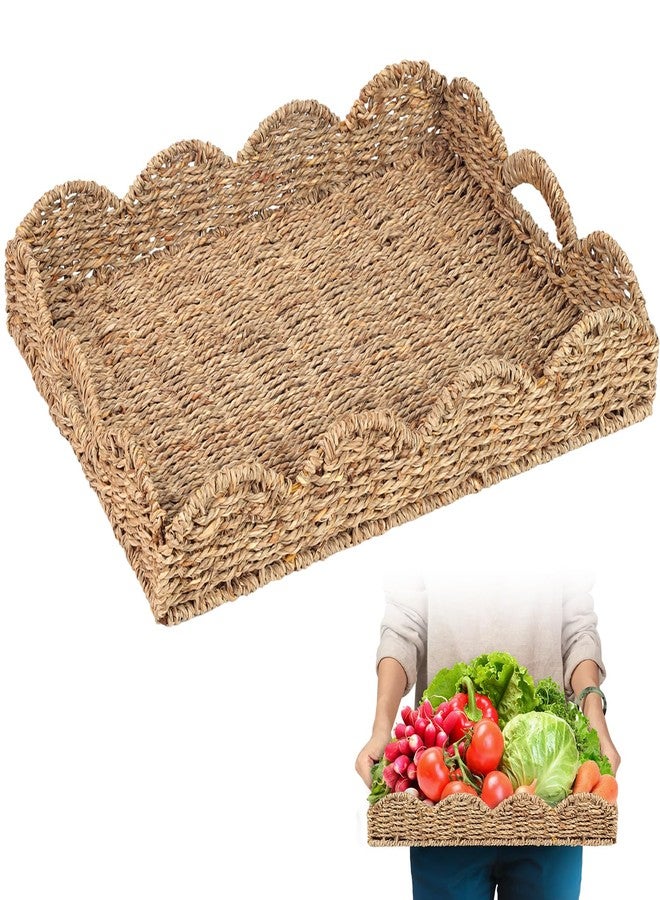 LASIDO Scalloped Basket, Scalloped Tray, Seagrass Tray(17" x 13" x 3") with Scalloped Edge and Built-in Handles, Rectangle Serving Tray/Rattan Tray/Wicker Tray/Woven Tray/Basket Tray/(Seagrass - 1 PCS) - Image 1