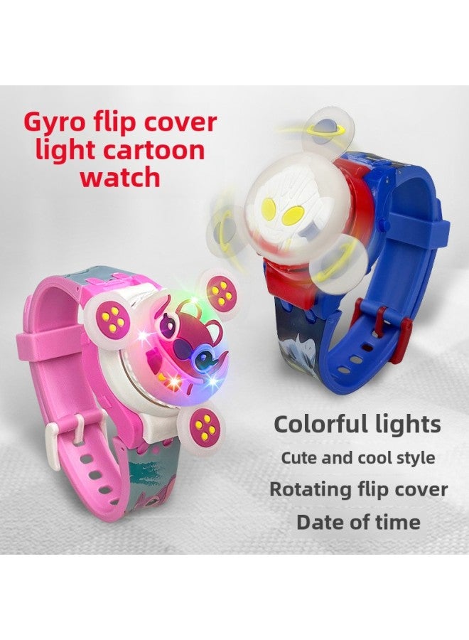 Children's Electronic Watch Toy Whirlwind Gyro Light Electronic Watch Flip-on Stitchai Cartoon Style-Color:Minions 808 [rotating + Flip Cover + Time] - Image 3