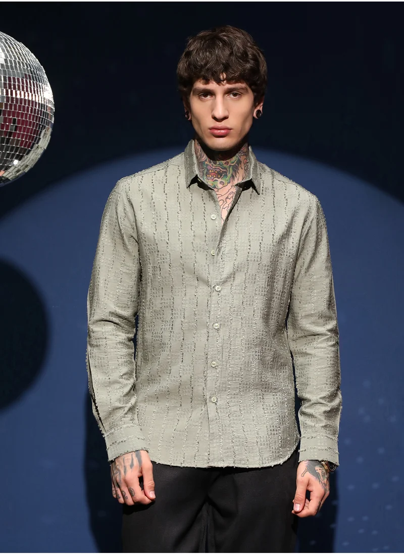 كامبوس سوترا Men's Sage Green Wicker-Tactile Shirt For Casual Wear | Spread Collar | Long Cuffed Sleeves | Button Closure | Shirt Crafted With Comfort Fit For Everyday Wear