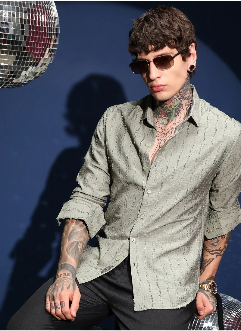 كامبوس سوترا Men's Sage Green Wicker-Tactile Shirt For Casual Wear | Spread Collar | Long Cuffed Sleeves | Button Closure | Shirt Crafted With Comfort Fit For Everyday Wear