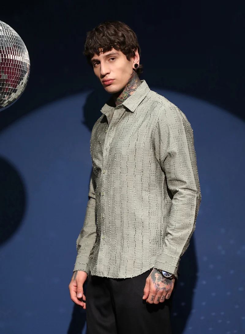 Campus Sutra Men's Sage Green Wicker-Tactile Shirt For Casual Wear | Spread Collar | Long Cuffed Sleeves | Button Closure | Shirt Crafted With Comfort Fit For Everyday Wear