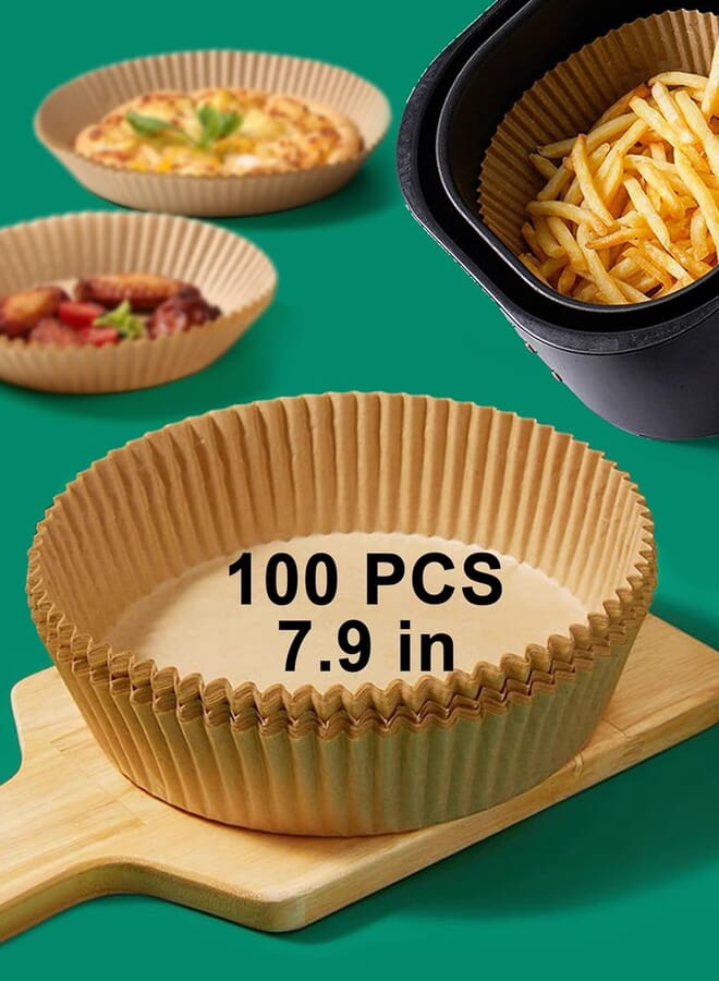 100PCS Air Fryer Disposable Paper Liner, Non-stick Disposable Air Fryer Liners, Baking Paper for Air Fryer Oil-proof, Water-proof, Food Grade Parchment for Air Fryer Baking Roasting Microwave (7.9in)