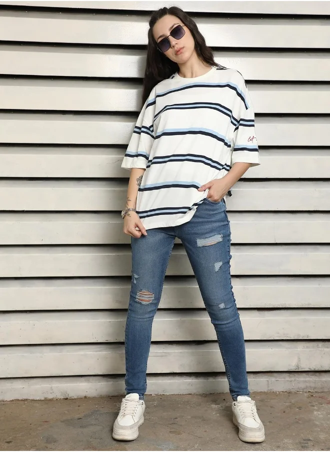 هاي ستار Women's White 100% Cotton Striped Oversized T-Shirt