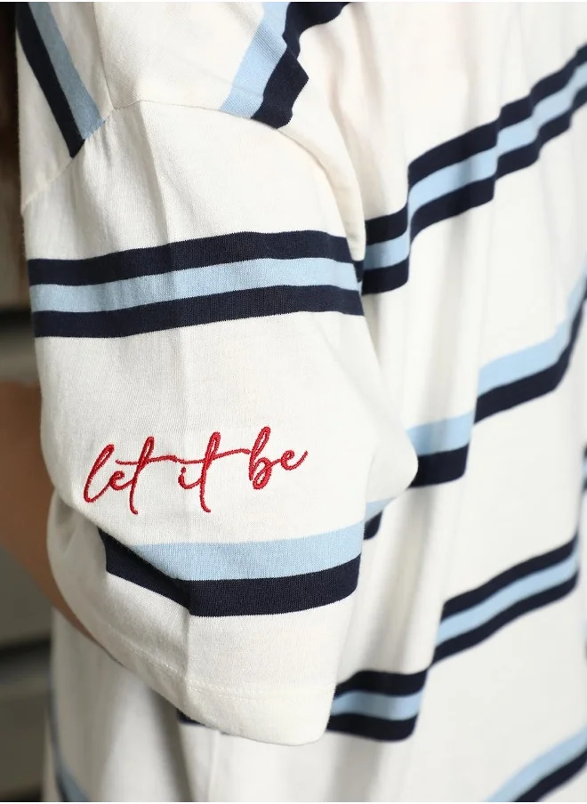 هاي ستار Women's White 100% Cotton Striped Oversized T-Shirt