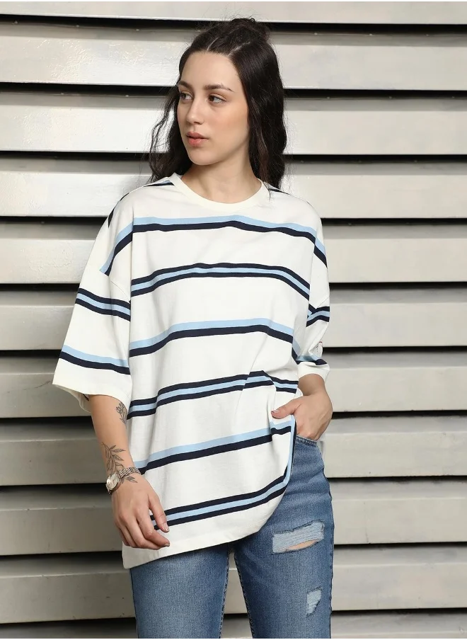 هاي ستار Women's White 100% Cotton Striped Oversized T-Shirt
