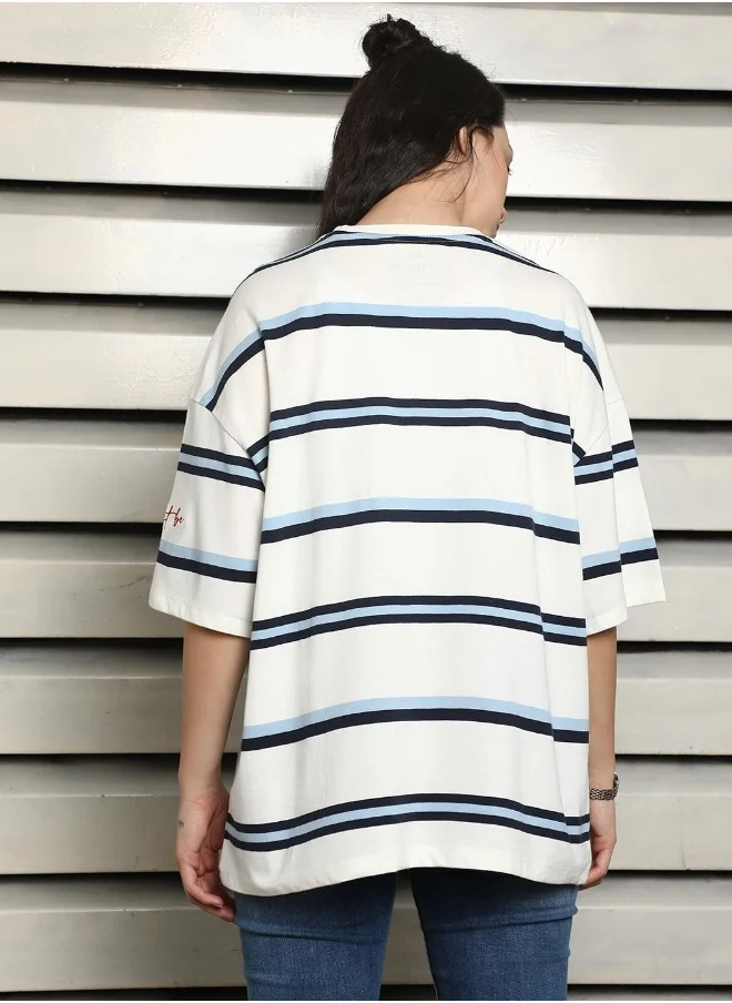 هاي ستار Women's White 100% Cotton Striped Oversized T-Shirt