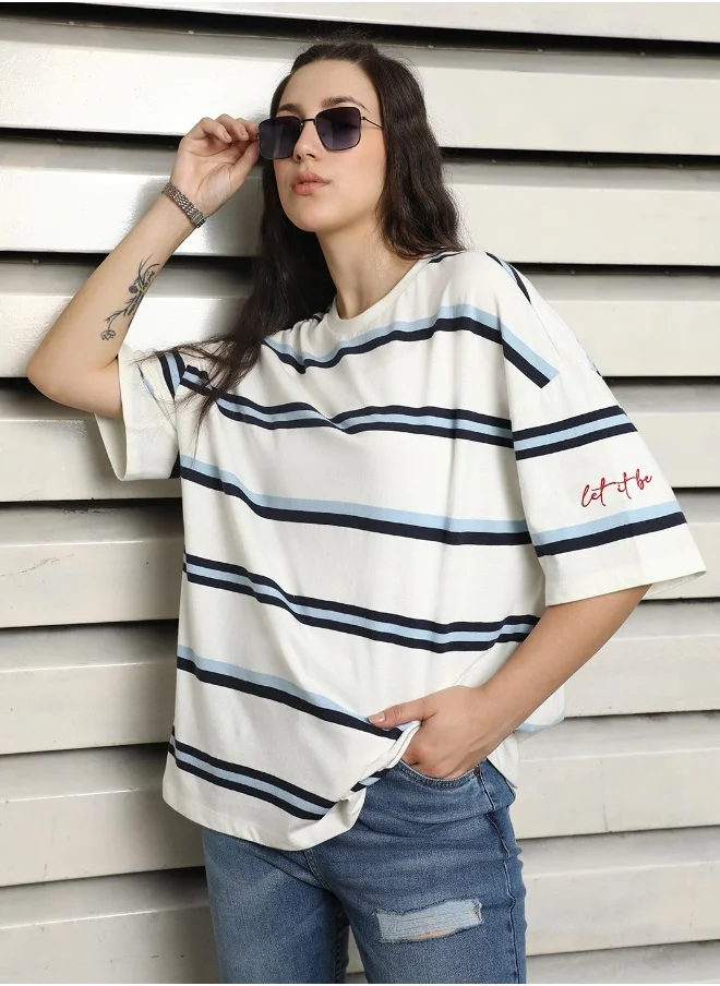 هاي ستار Women's White 100% Cotton Striped Oversized T-Shirt