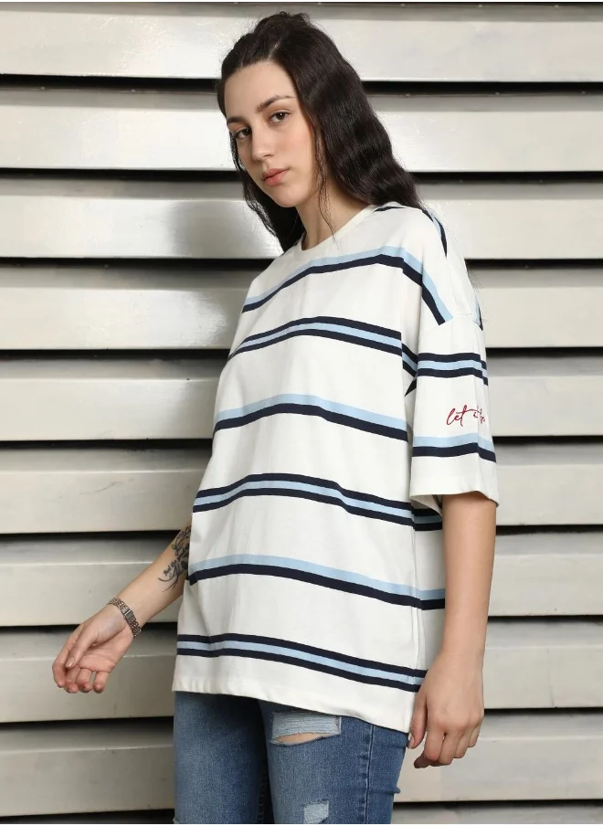 هاي ستار Women's White 100% Cotton Striped Oversized T-Shirt